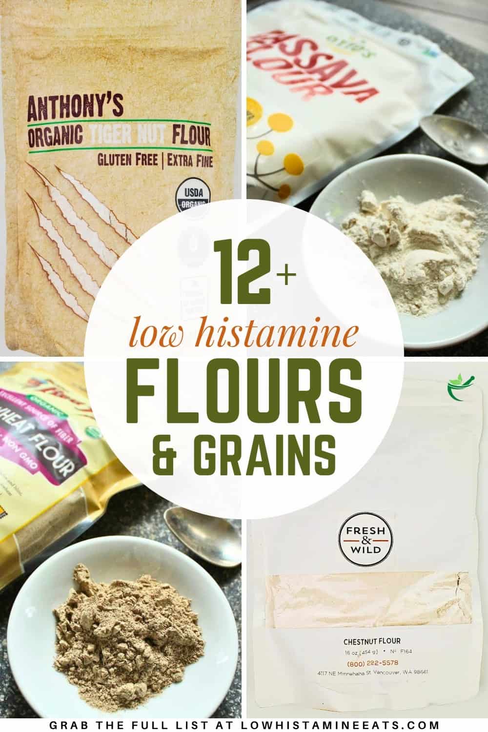 A collage showcasing a selection of low histamine flours and grains.