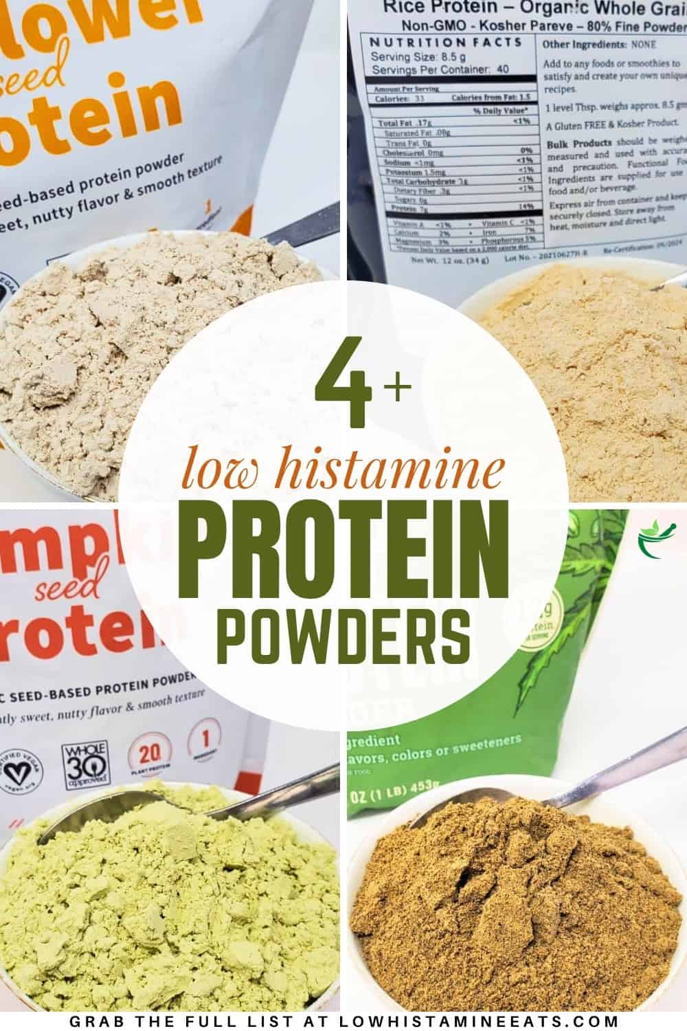 A collage showcasing a selection of low histamine protein powder optons.