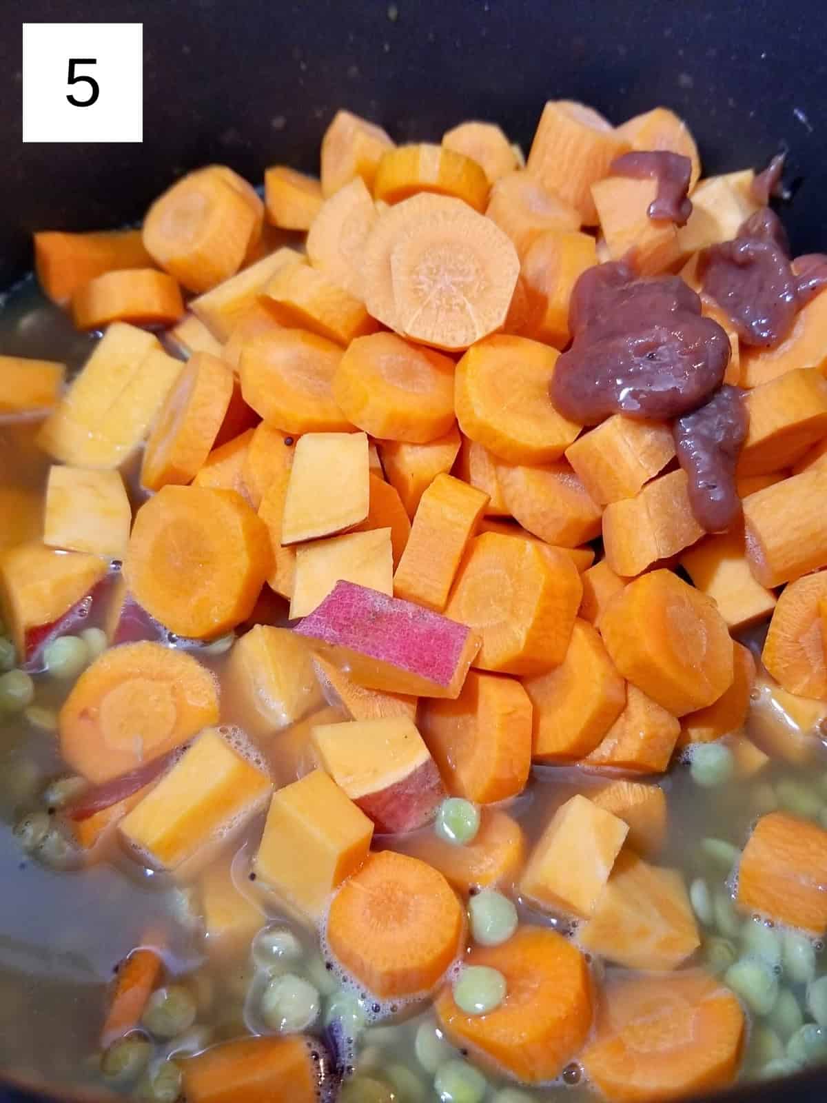 A mixture of nigella, mustard, lentils, broth, chopped carrots and sweet potato, and tomato paste.