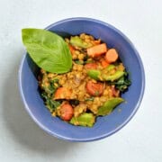 A bowl filled with Spanish lentil stew, topped with fresh vegetable leaf.
