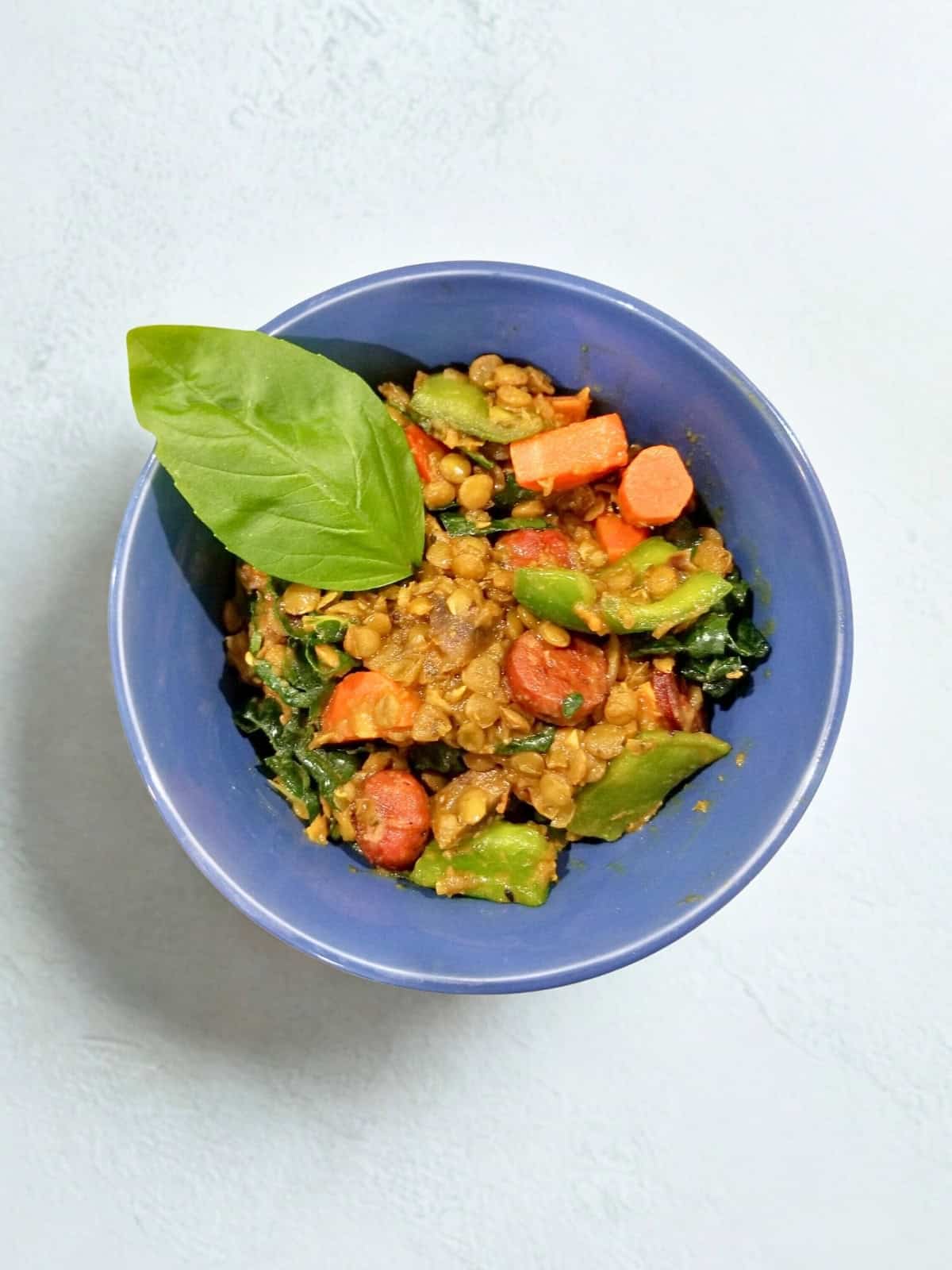 A bowl filled with Spanish lentil stew, topped with fresh vegetable leaf.
