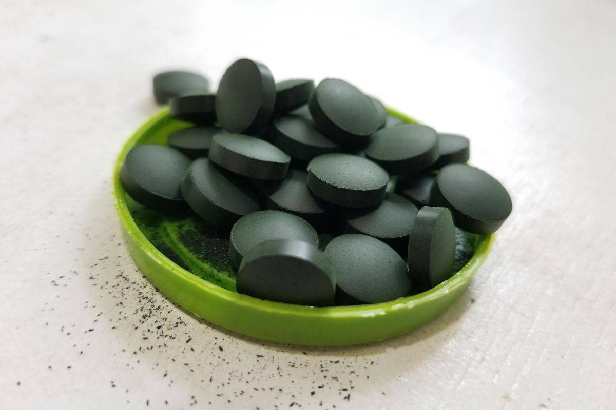 spirulina tablets in a green jar lid.