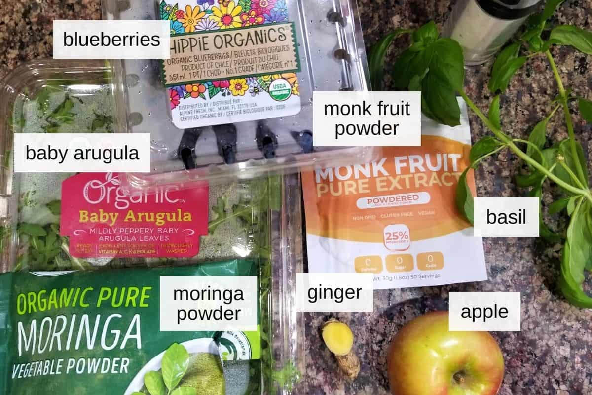 Ingredients used to make a low histamine green smoothie, featuring fresh produce and low histamine items ideal for green smoothie recipes.