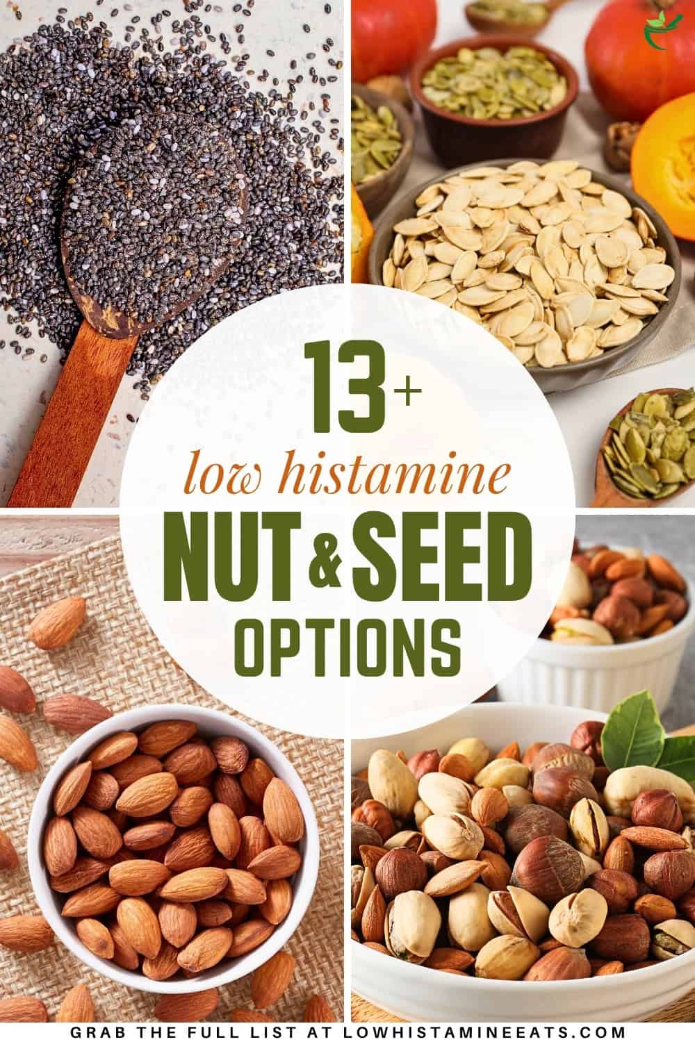 A collage showcasing a selection of low histamine nuts and seeds.