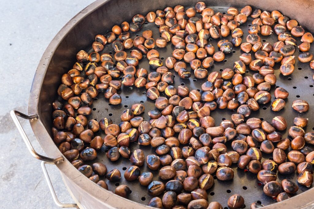 a pile of perfectly grilled chestnuts.
