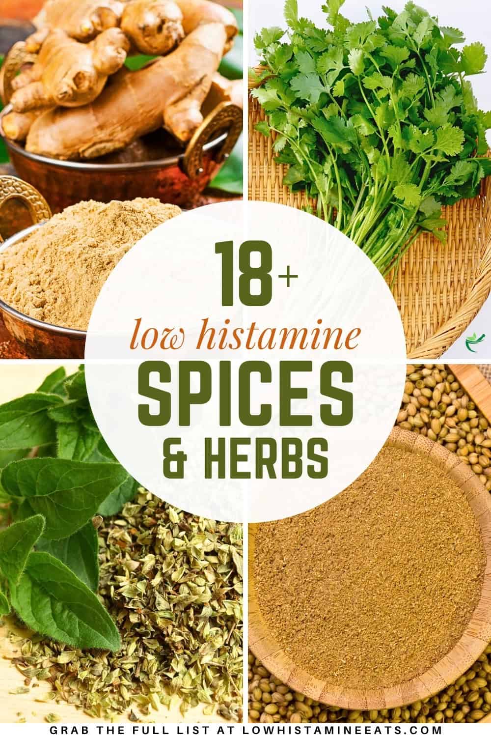 A collage featuring various low histamine herb and spice options.