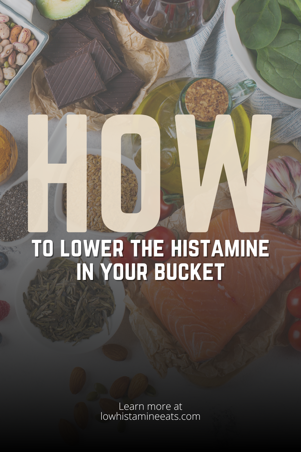 Assembled various foods on a flay lay photograph and a "How to Lower the Histamine in Your Bucket" in the center.