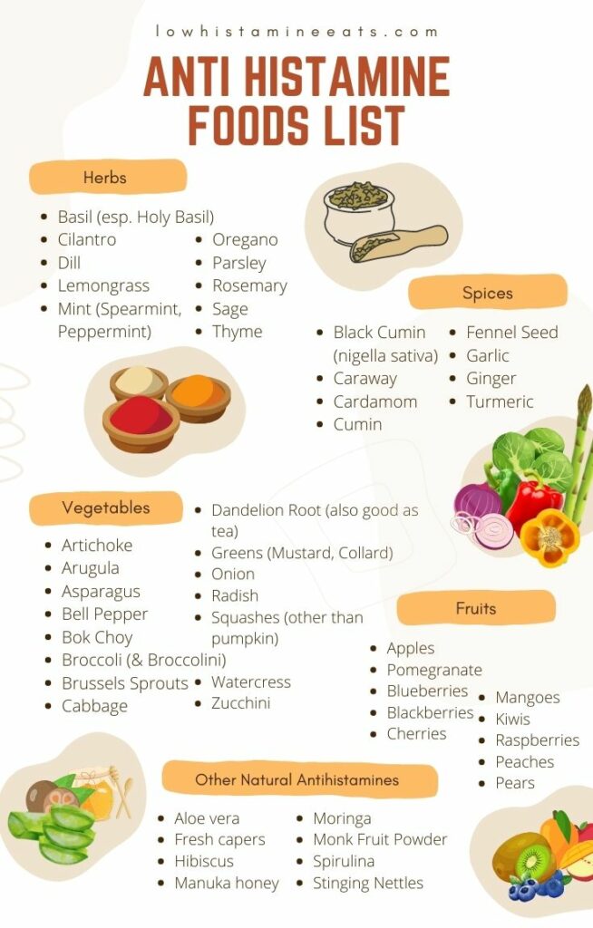 infographic detailing the list of antihistamine foods.