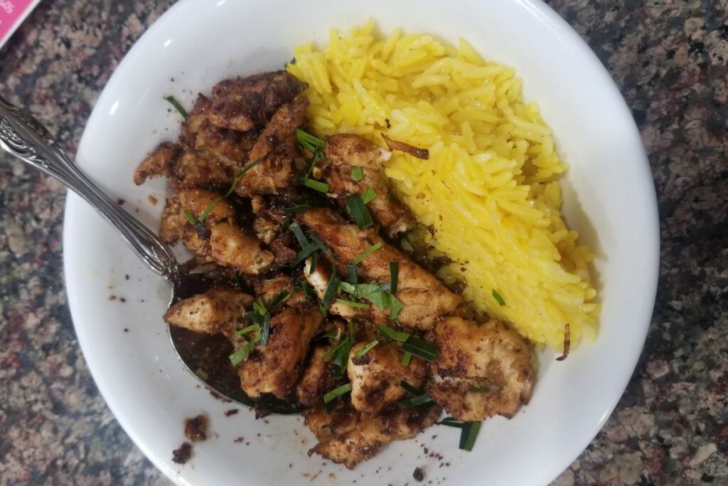 lemongrass chicken with turmeric coconut rice.