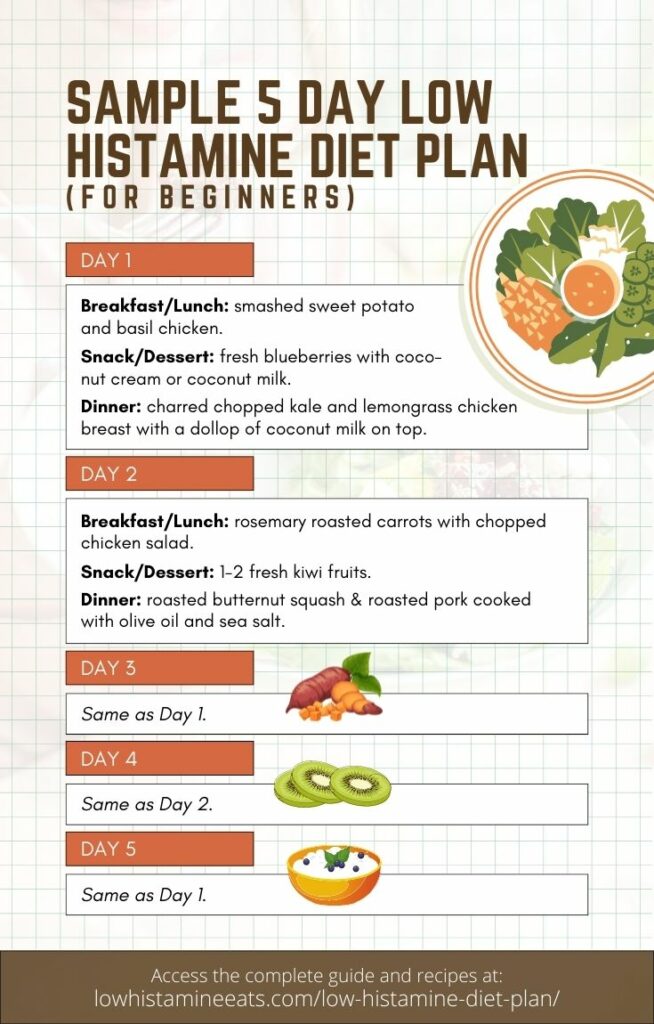 infographic detailing a sample 5-day low histamine diet meal plan for beginners.