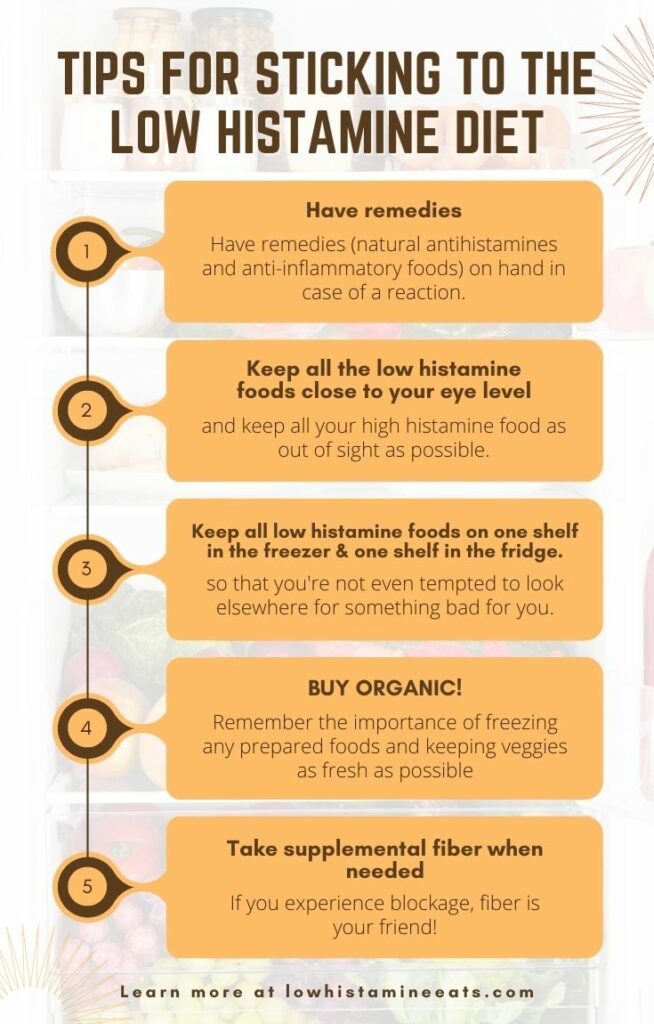 infographic detailing a few tips for sticking to the low histamine diet.