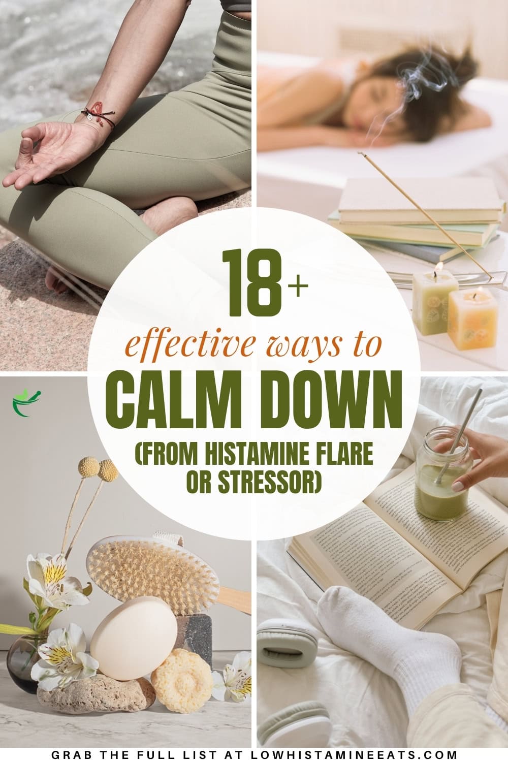 A collage featuring various ways to calm down from histamine flare or stressor.
