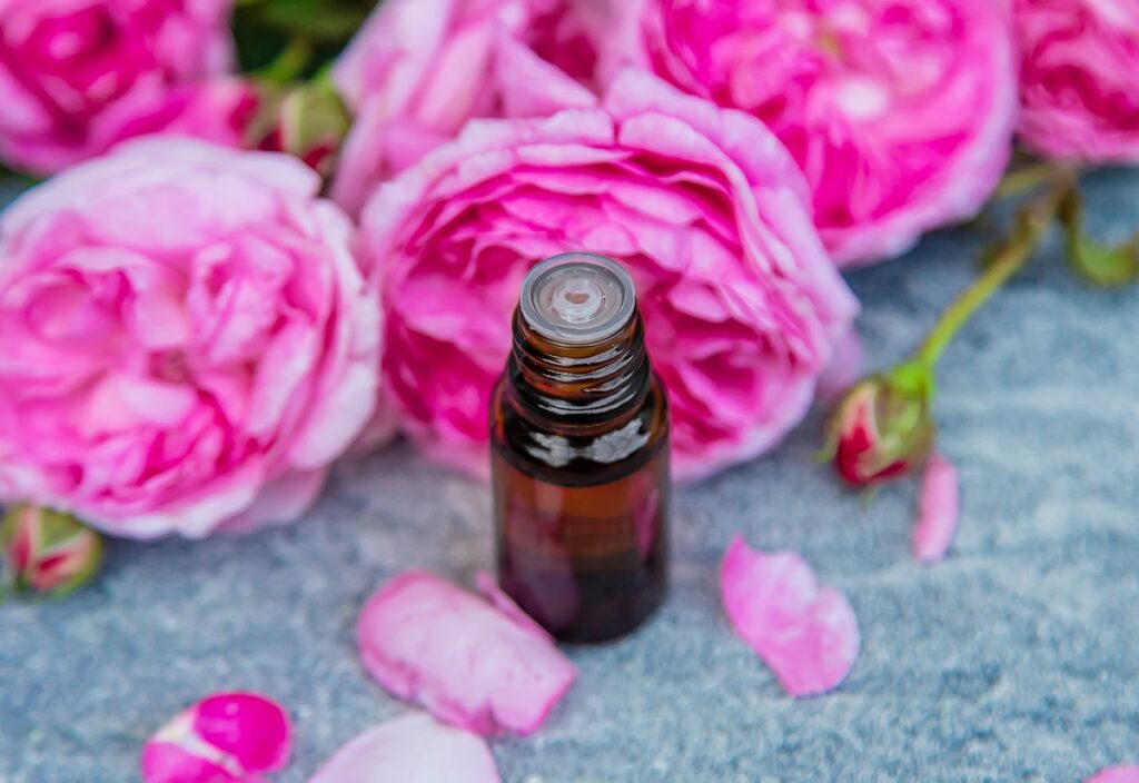 A bottle of lavender essential oil. 