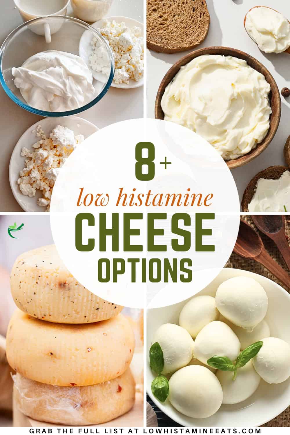 A collage featuring various low histamine cheese options.