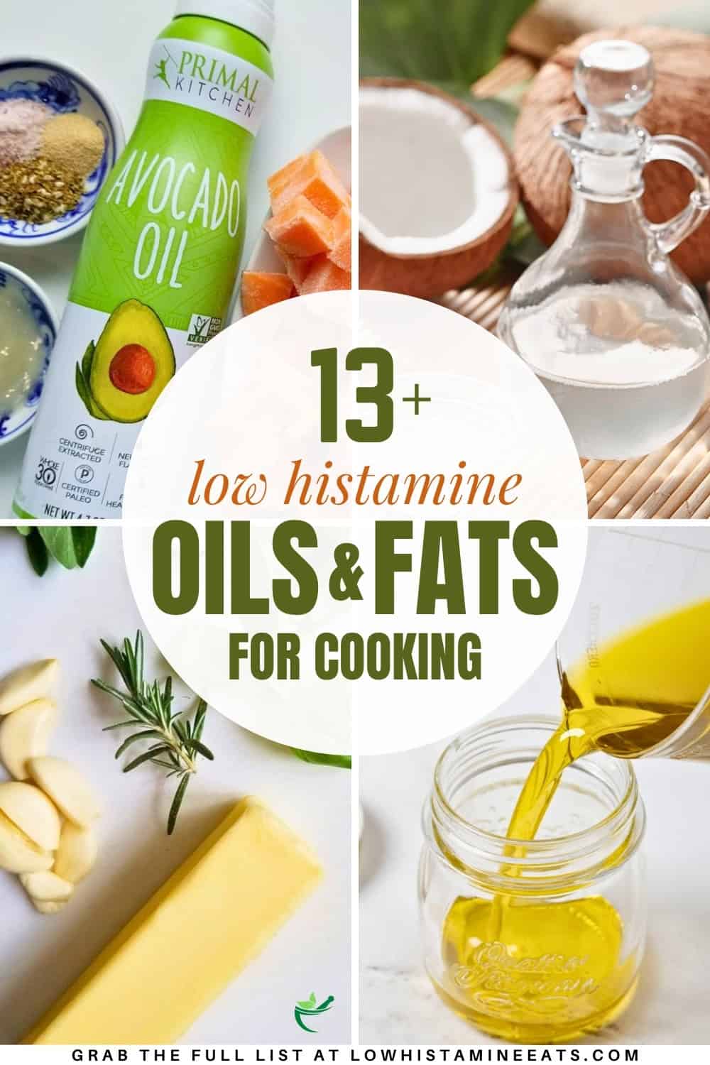 A collage featuring various low histamine oil and fat options for cooking or baking.
