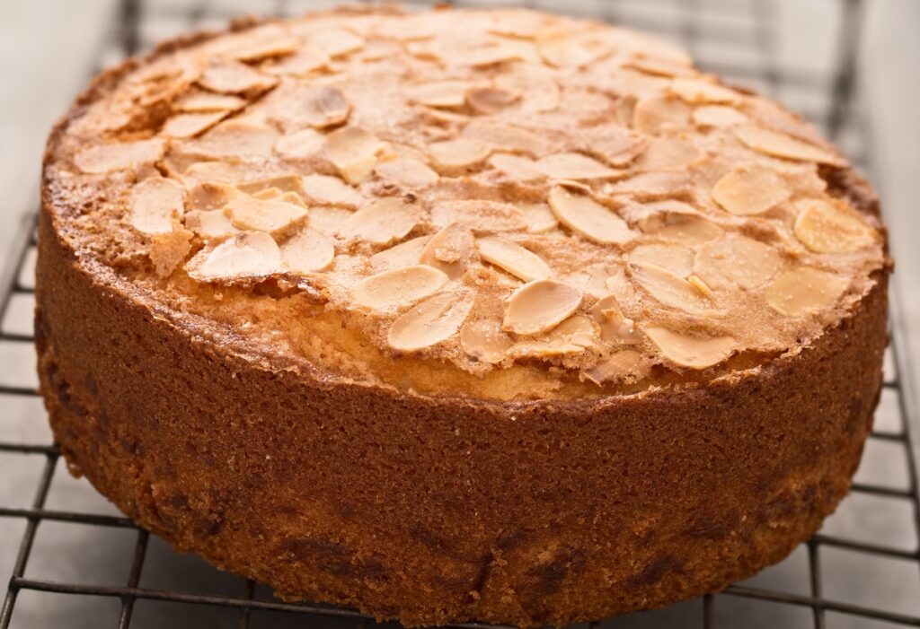 close up of rustic swedish almond cake.