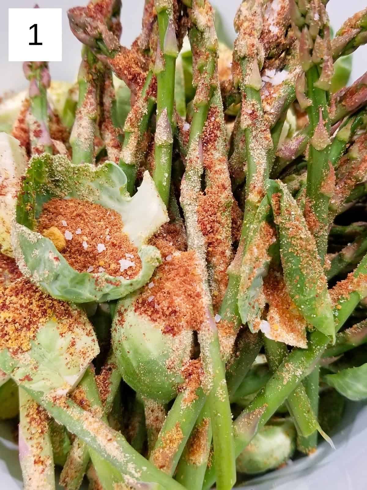 Step-by-step guide to making roasted asparagus and Brussels sprouts, showcasing the process for a delicious side dish without vinegar.