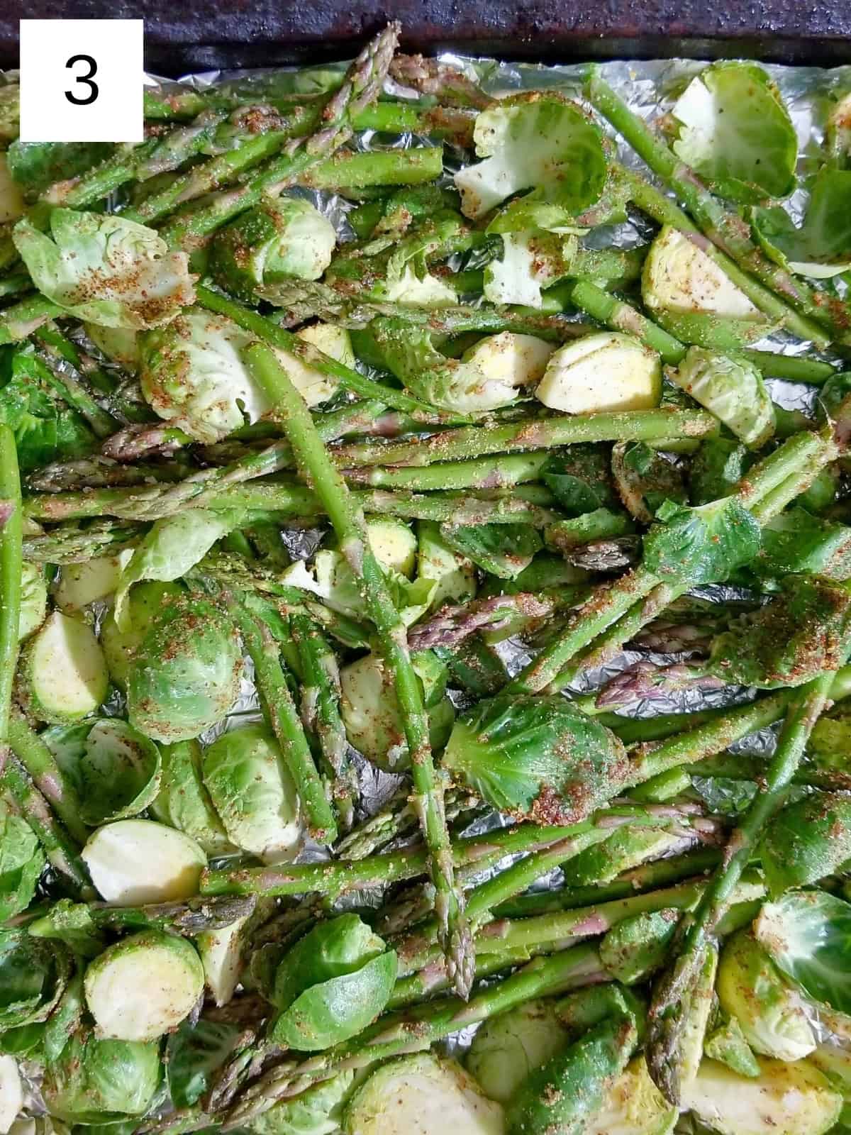 A vibrant dish of roasted asparagus and Brussels sprouts, showcasing a simple and delicious asparagus recipe and brussels sprouts recipe.