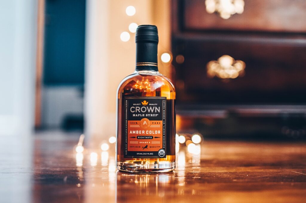 A bottle of Crown Maple Syrup.