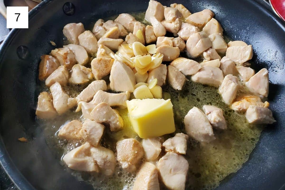 mixing the diced chicken breast, honey, garlic, and butter in a pan