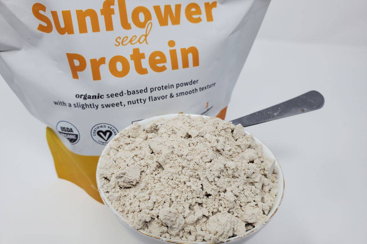 a mug full of sunflower seed protein powder.