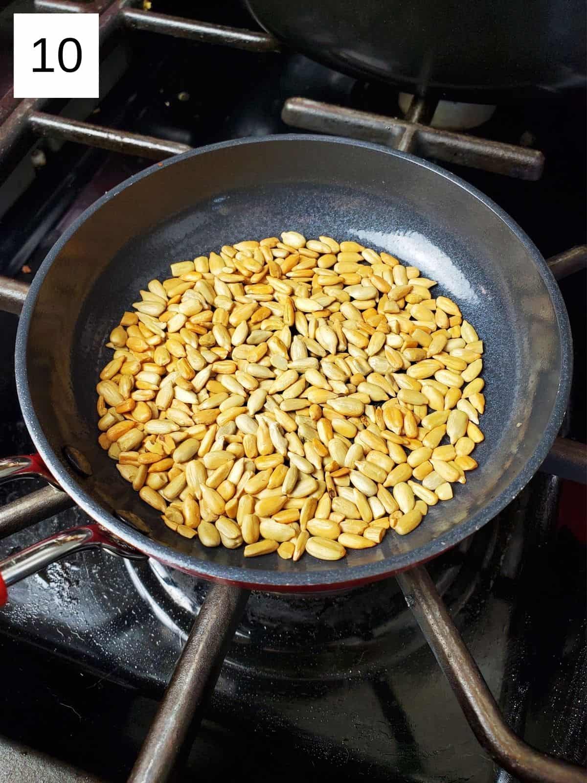 roasted sunflower seeds in a pan.