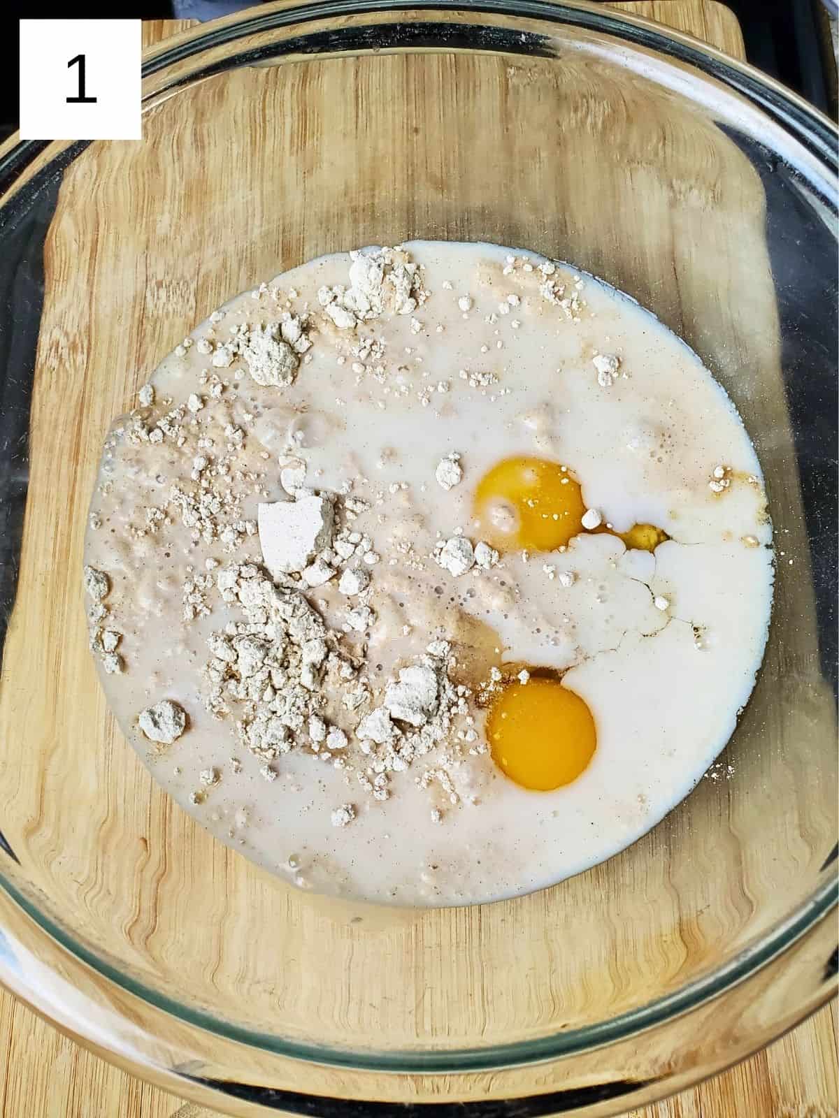a mixture of chestnut flour, milk, salt, and eggs in a large mixing bowl.