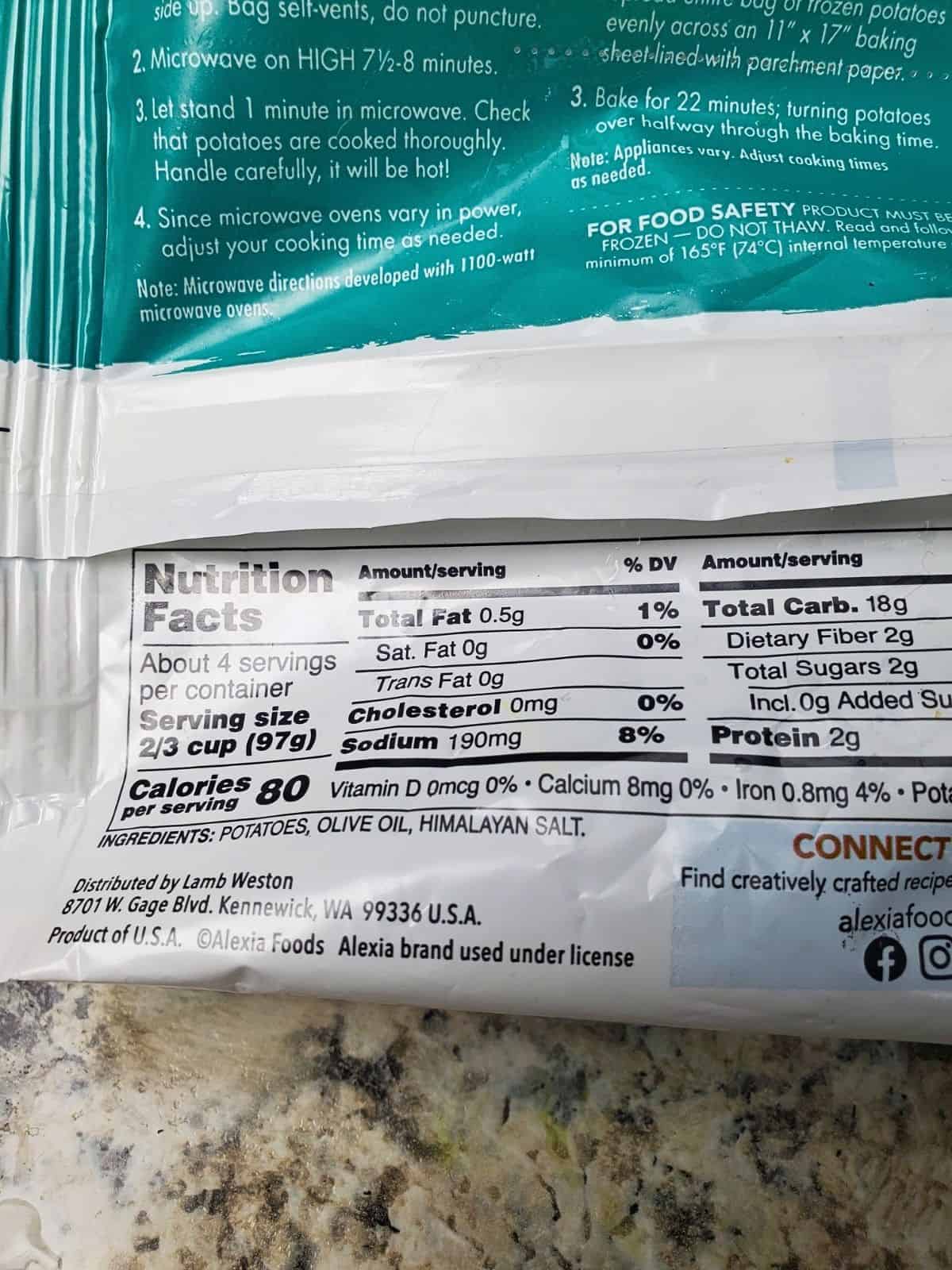 nutrition facts and ingredient labels on the back of a pack of roasted baby potatoes.