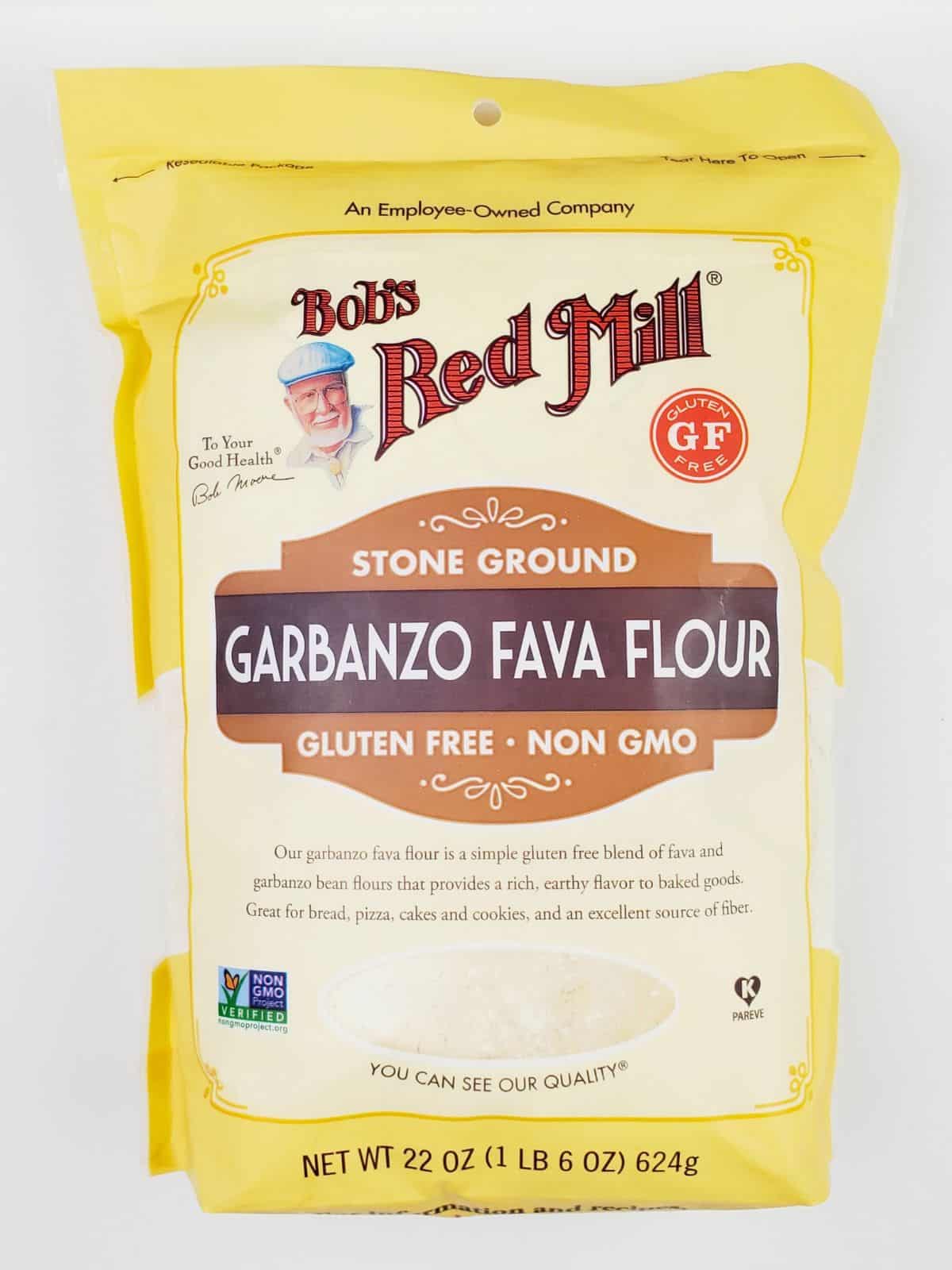 a pack of 22 oz. of garbanzo fava flour from Bob's Red Mill.