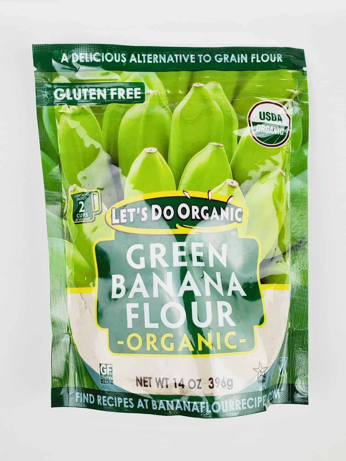 a pack of 14 oz. of green banana flour from Let's Do Organic.