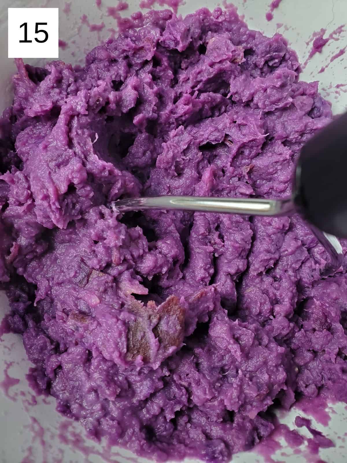 final mashed purple sweet potato mixture in a bowl.