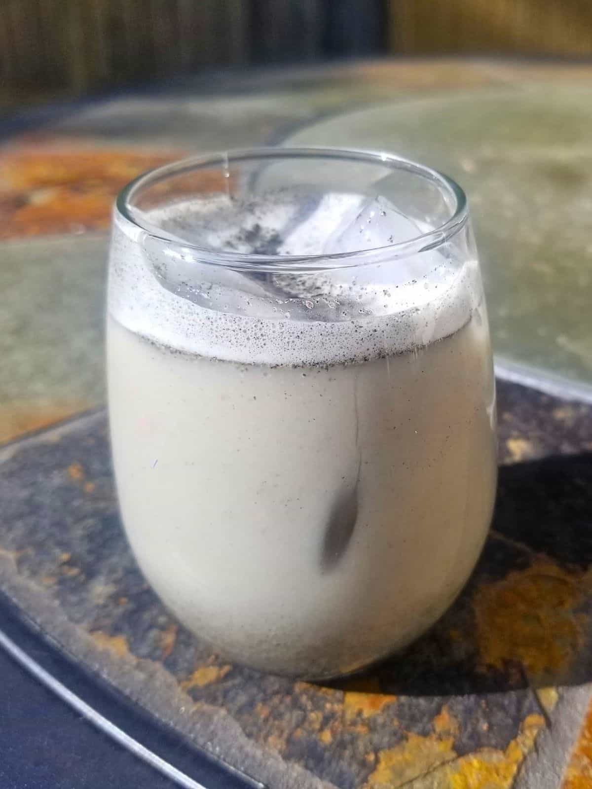 black sesame latte in a glass.