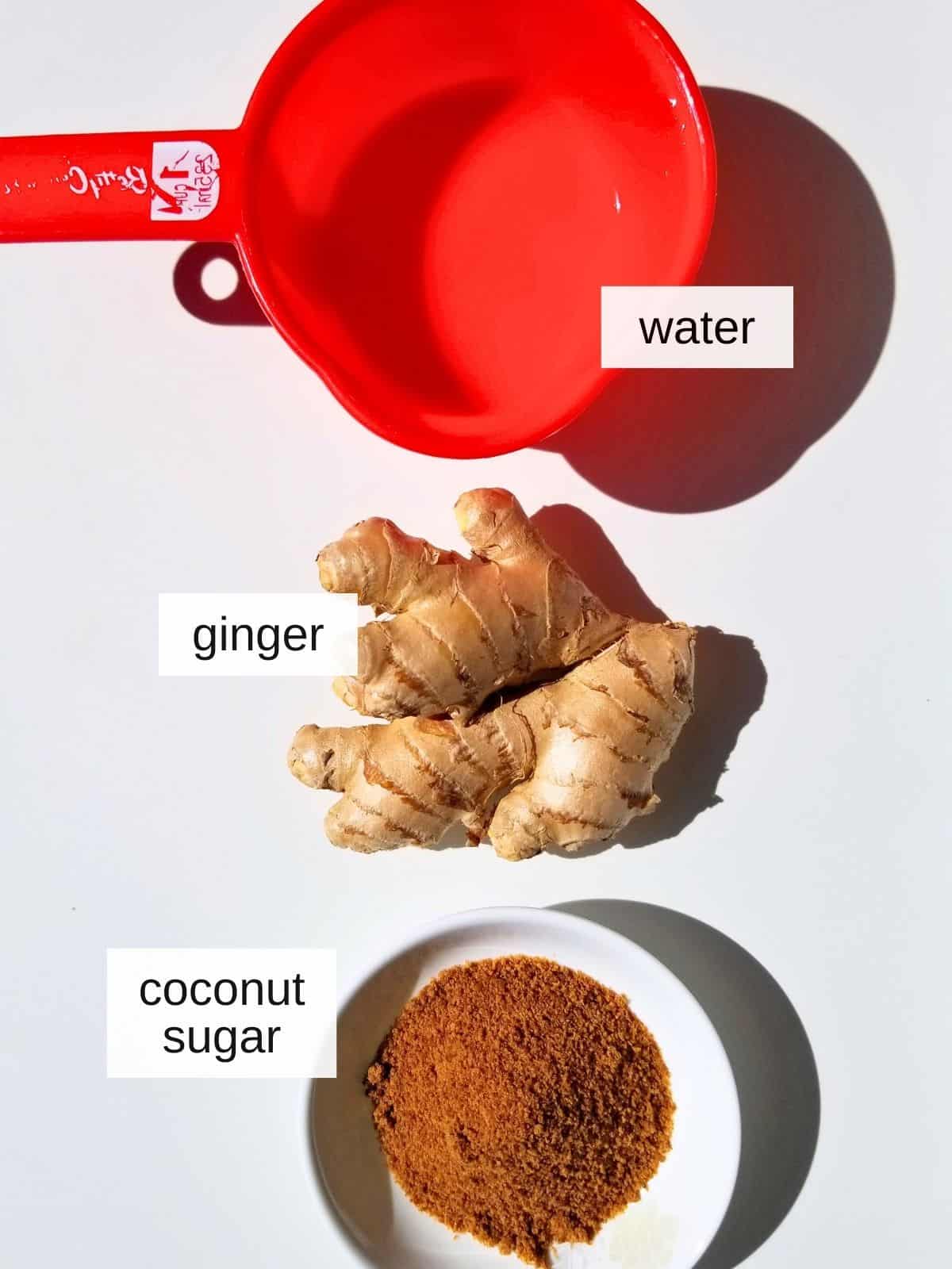 ingredients for candied ginger, including water, fresh ginger, and coconut sugar.