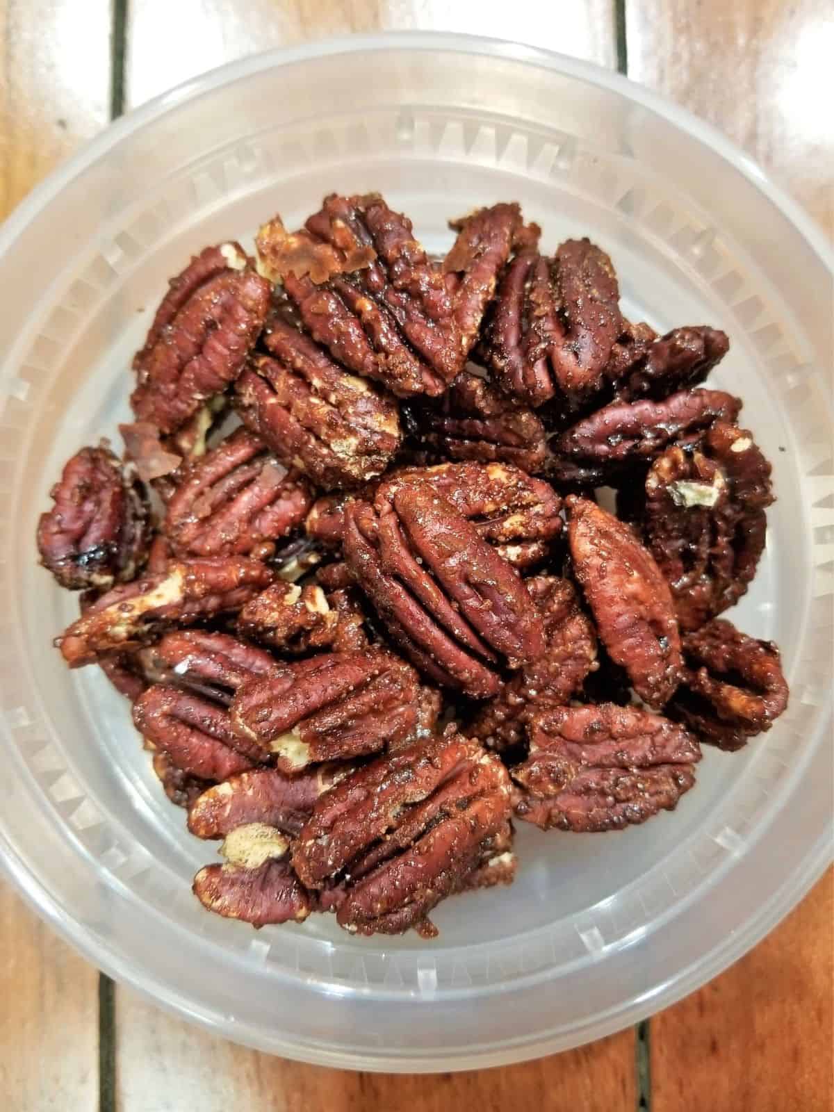 candied pecan in a container.