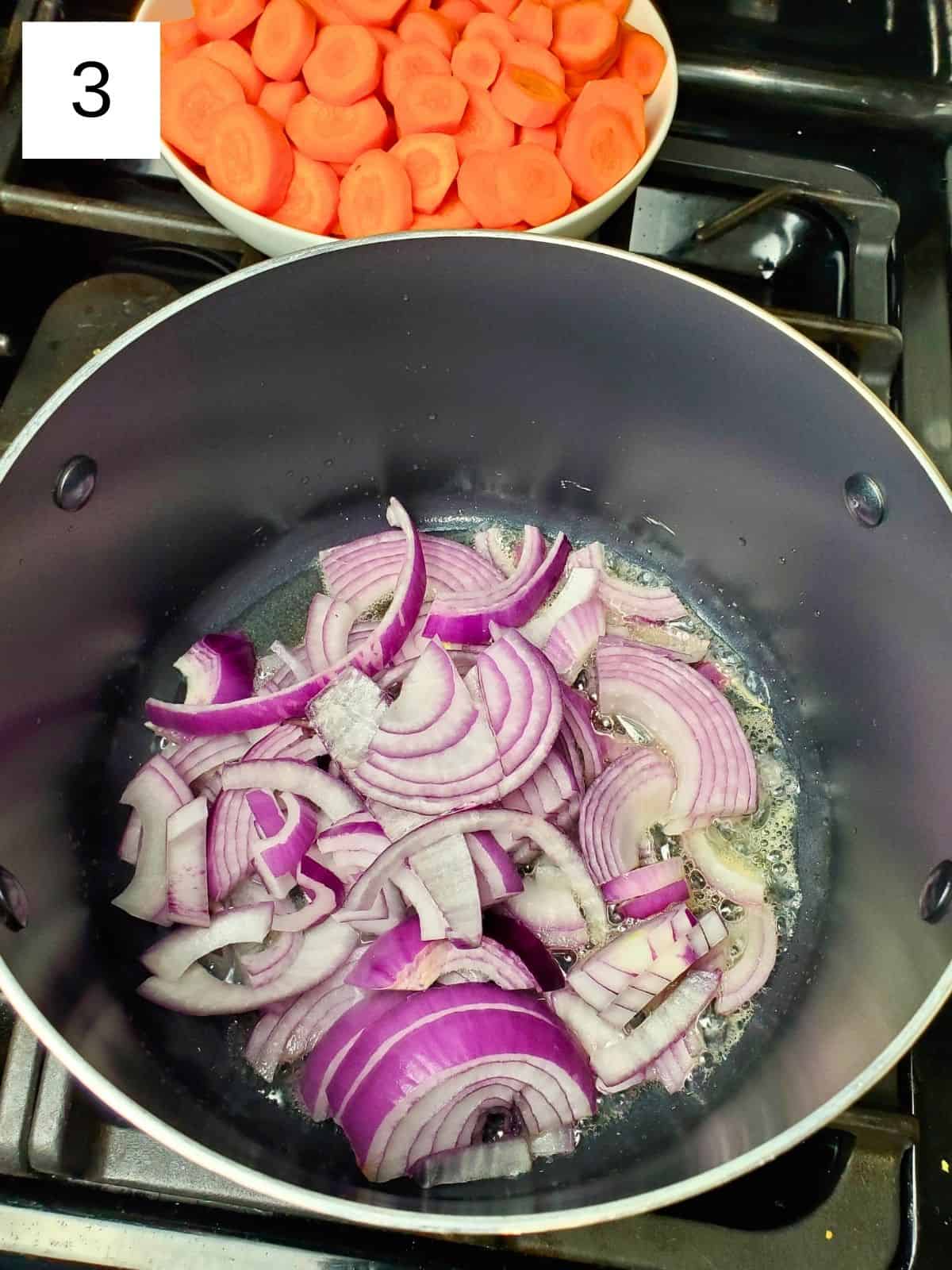 sautéing the chopped onions in a pot.