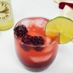 blackberry ginger beer mocktail, topped with frozen blackberries and a slice of lime in a drinking glass.