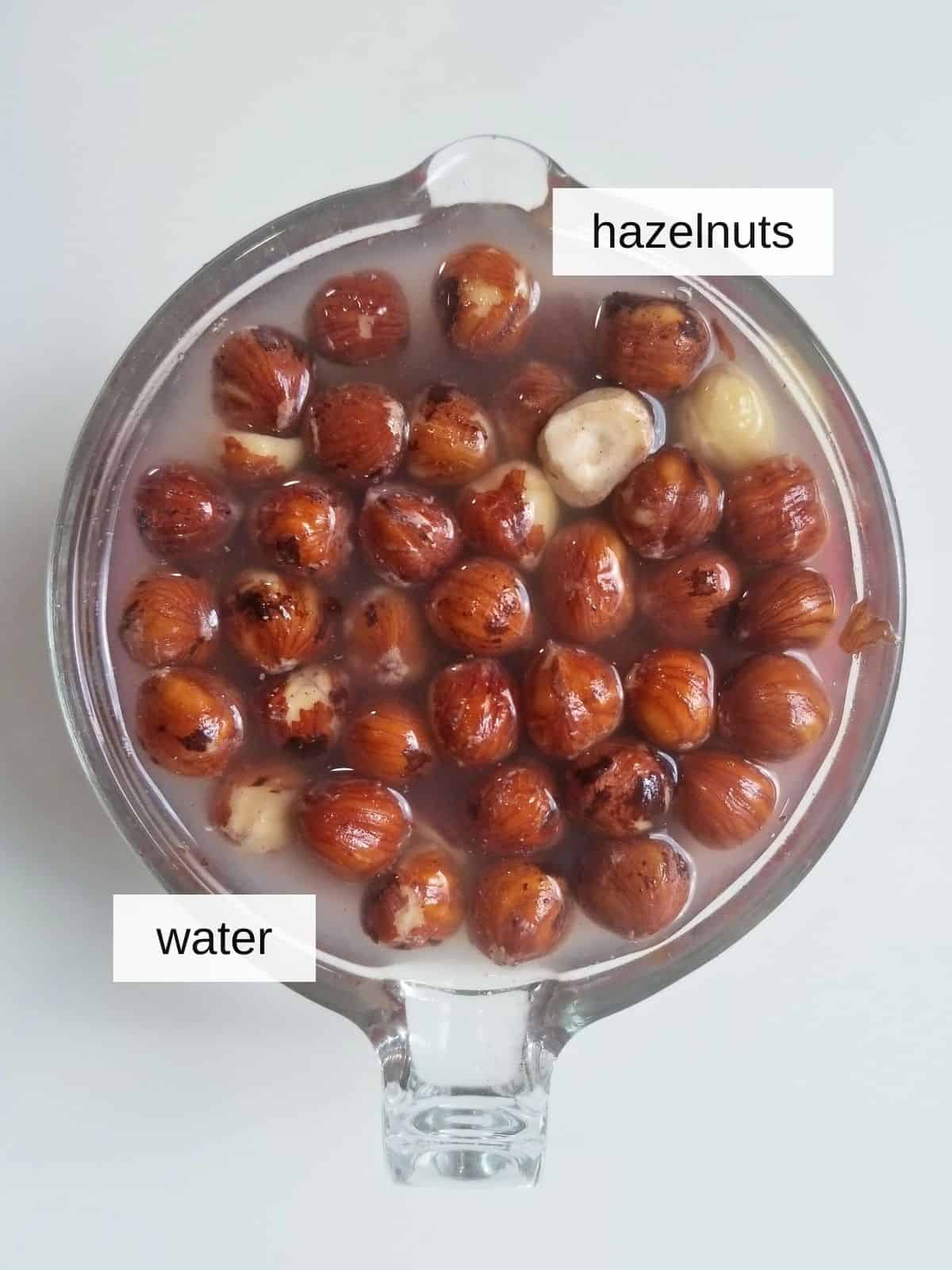 hazelnut milk recipe ingredients, including hazelnuts, and water.