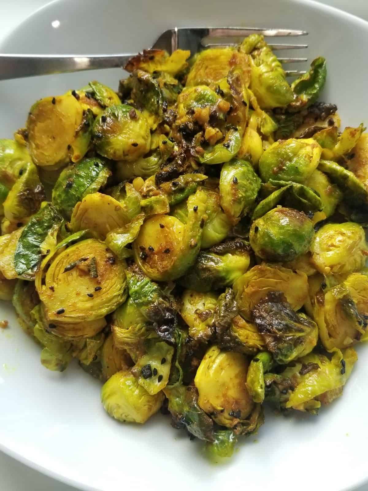 curry-spiced Indian brussels sprouts on a plate.