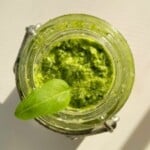 macadamia pesto in a glass container.