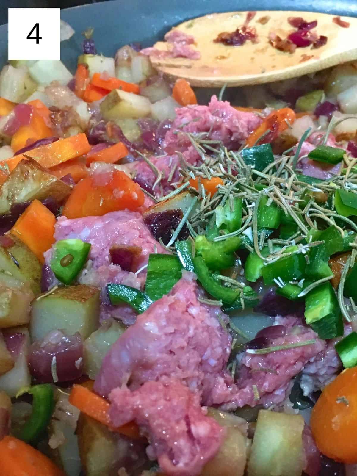 combining the rosemary garlic lamb skillet ingredients in a pan.