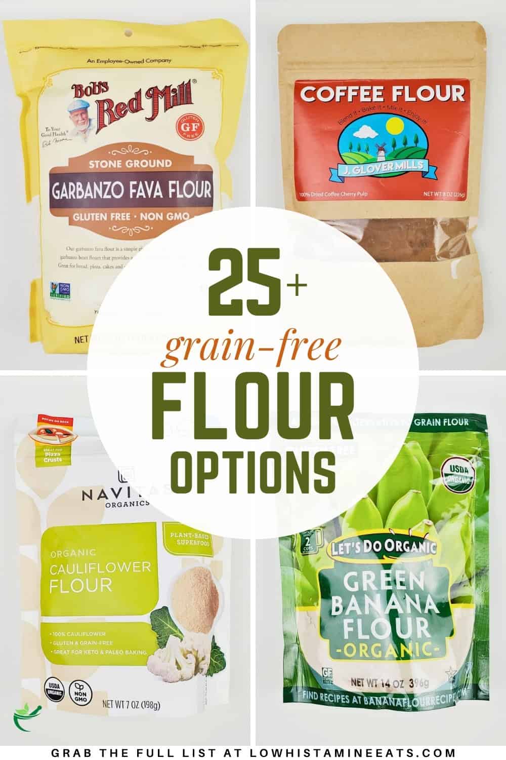 A collage featuring various grain-free flour options for low histamine and grain-free cooking.