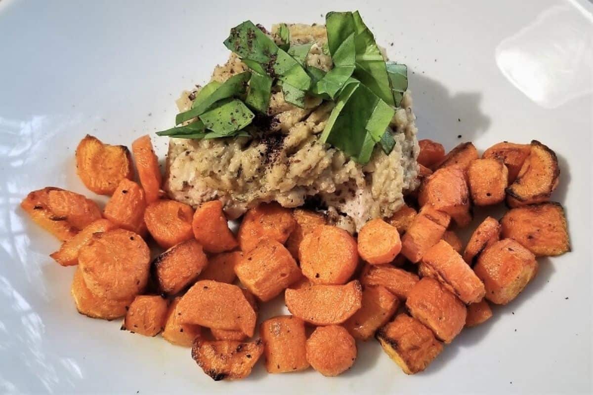 cauliflower baked chicken with roasted carrots.