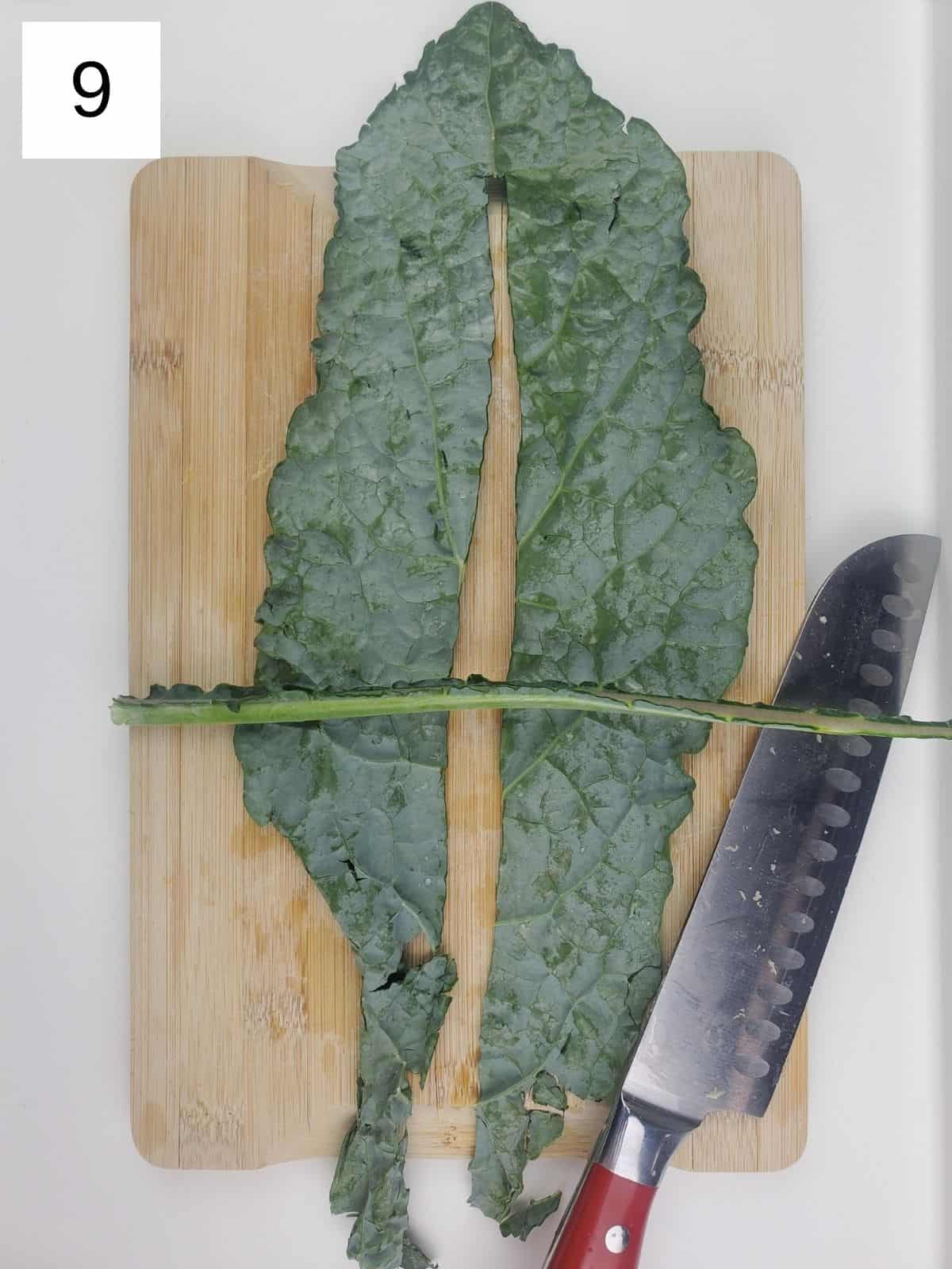 kale leaf with spine removed, on a wooden cutting board.