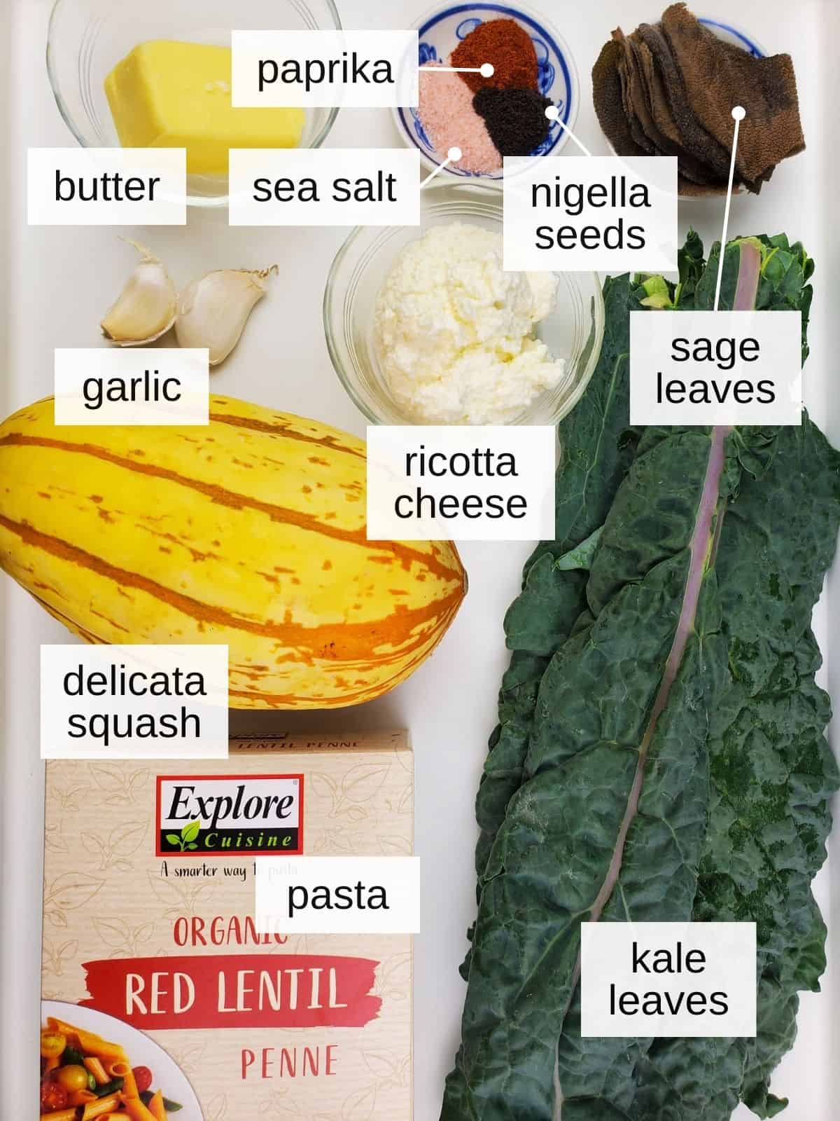 ingredients for delicata squash pasta, including paprika, butter, sea salt, nigella seeds, sage leaves, garlic, ricotta cheese, pasta, kale leaves, and delicata squash.