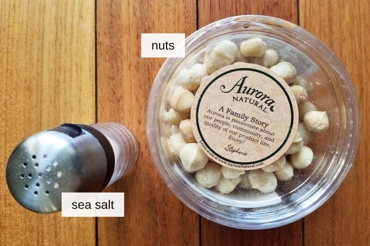 ingredients for macadamia nut butter, including macadamia nuts and sea salt.