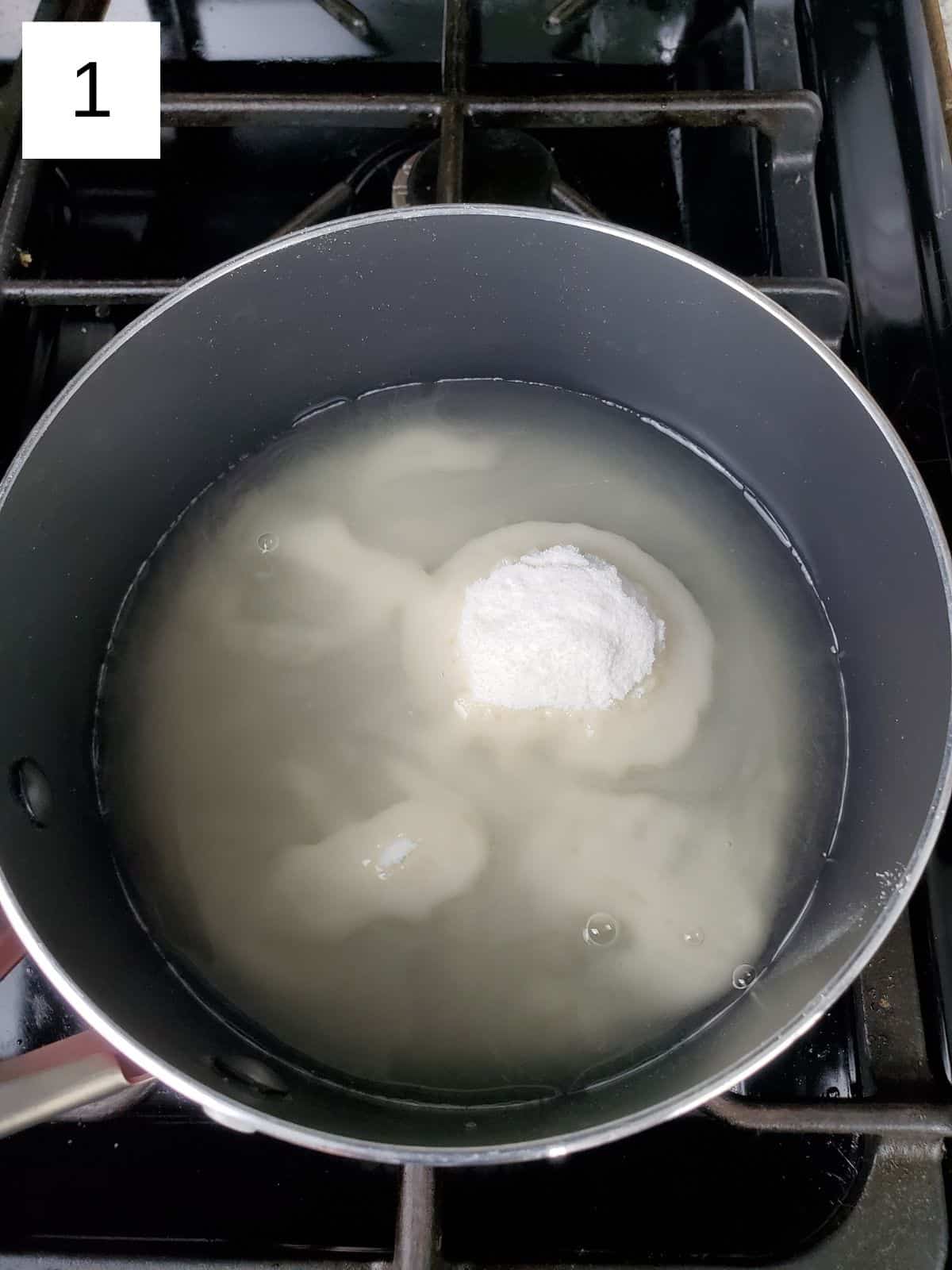 sugar and water in a pan.