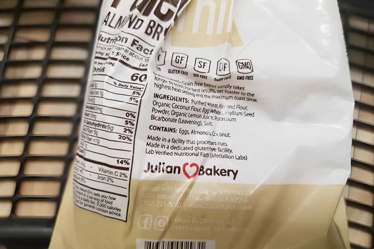 ingredients list and nutrition facts of paleo almond bread from Julian Bakery.