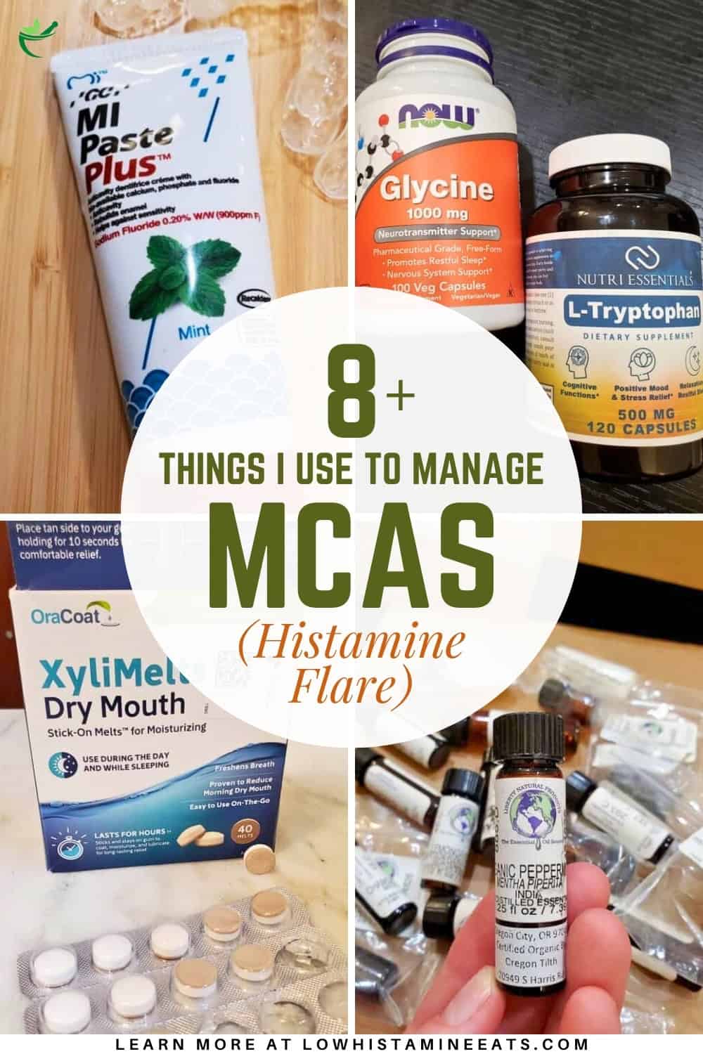 A collage featuring various tools and products used to manage MCAS (Mast Cell Activation Syndrome) and histamine flare-ups.