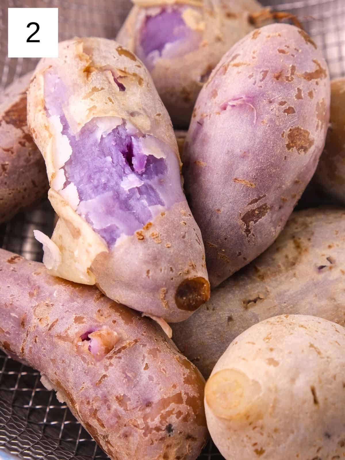 soften purple sweet potatoes in a strainer.