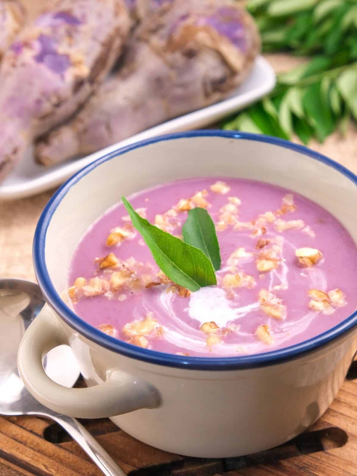 a bowl of spiced purple sweet potato soup.